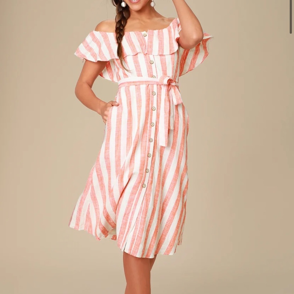 Orange Striped Off-the-Shoulder Midi Dress